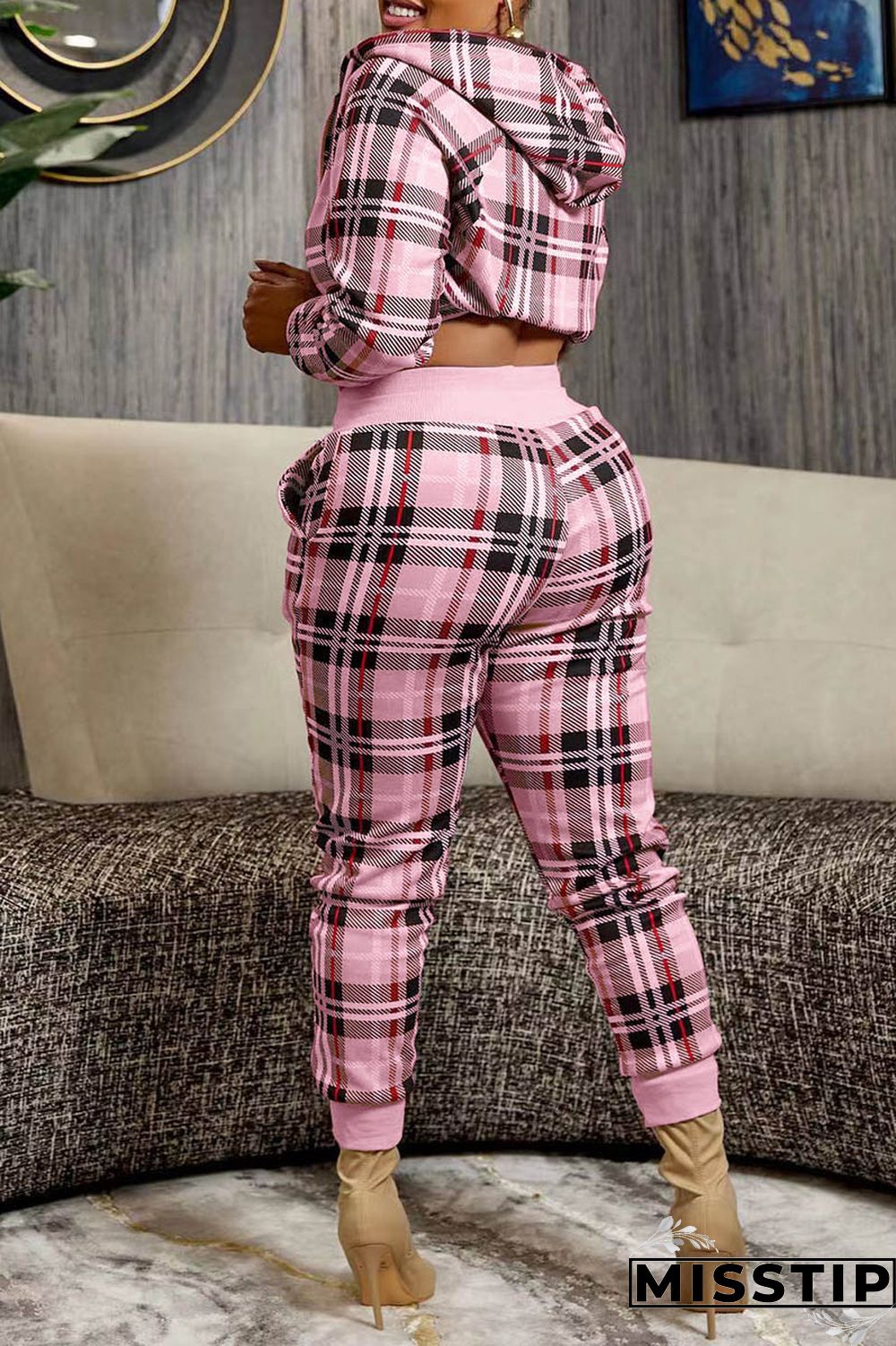 Pink Casual Plaid Print Patchwork Hooded Collar Long Sleeve Two Pieces