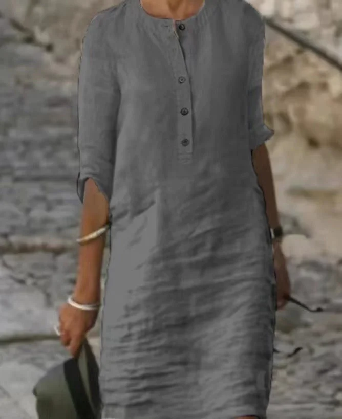 Uveng Spring Cotton And Linen Long-sleeved Dress Dresses