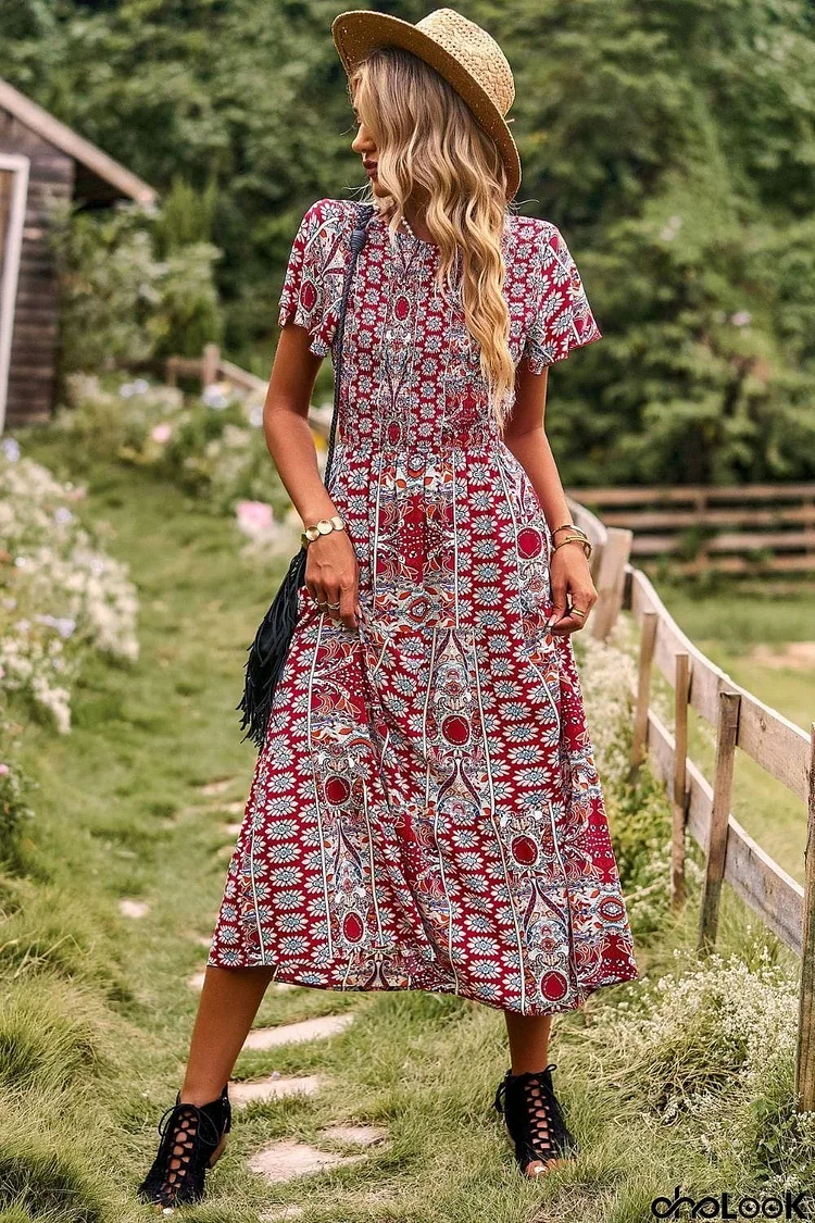 Printed Tie Back Flutter Sleeve Dress