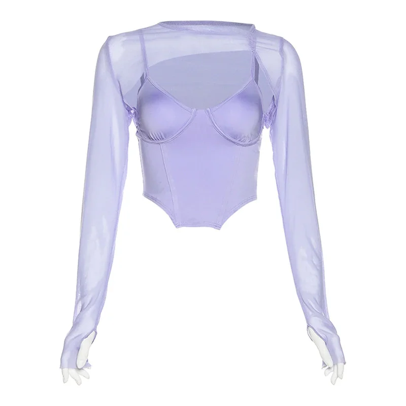 Woherb BOOFEENAA Sexy Crop Top Women Party Club Wear 2 Piece Set Fitted T Shirt Purple Sheer Mesh Top with Tanks Camis C83-BB15