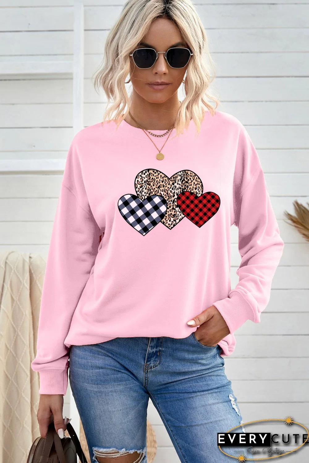 Pink Plaid Leopard Hearts Print Drop Sleeve Pullover Sweatshirt