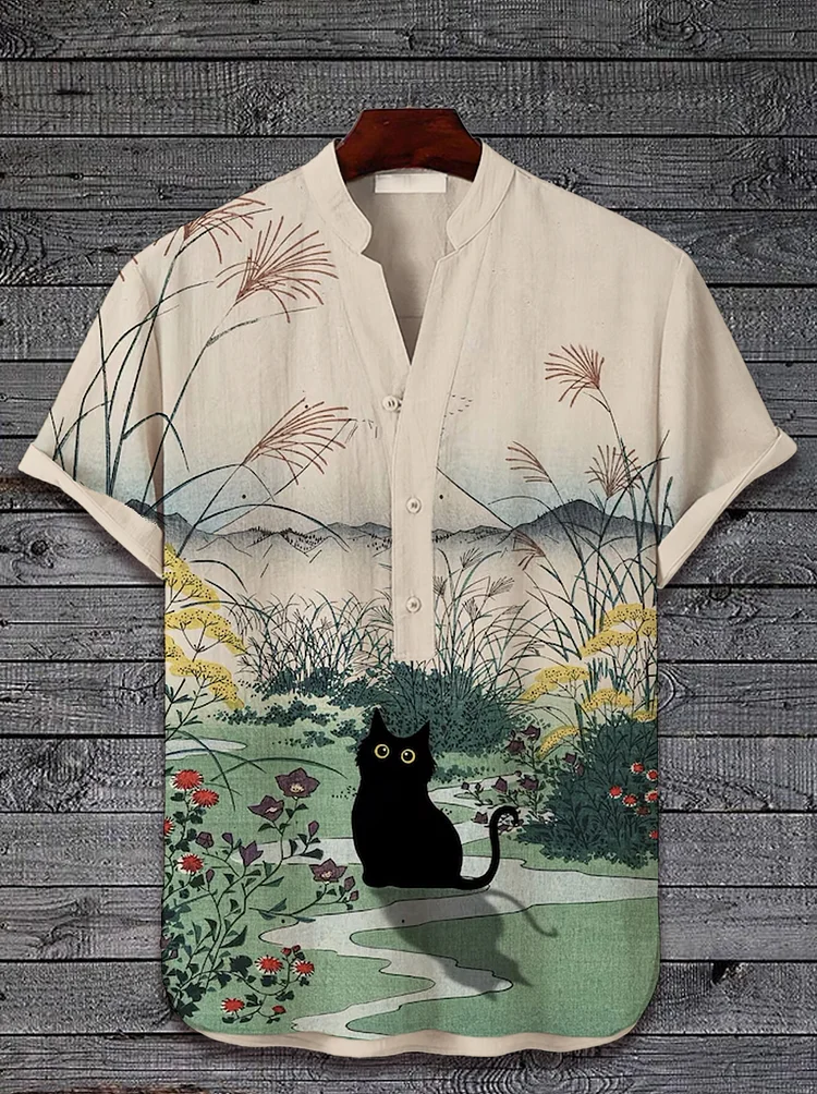 Men's Floral Landscape Cat Art Print Half Button Short Sleeve Shirt