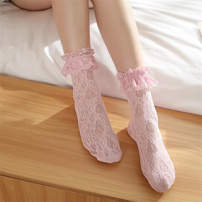 CUHAKCI Lovely Girls Sweet Elastic Jacquard Ruffle Fishnet Black White Stockings Transparent Hollow New Lace Knee High 1 Pair