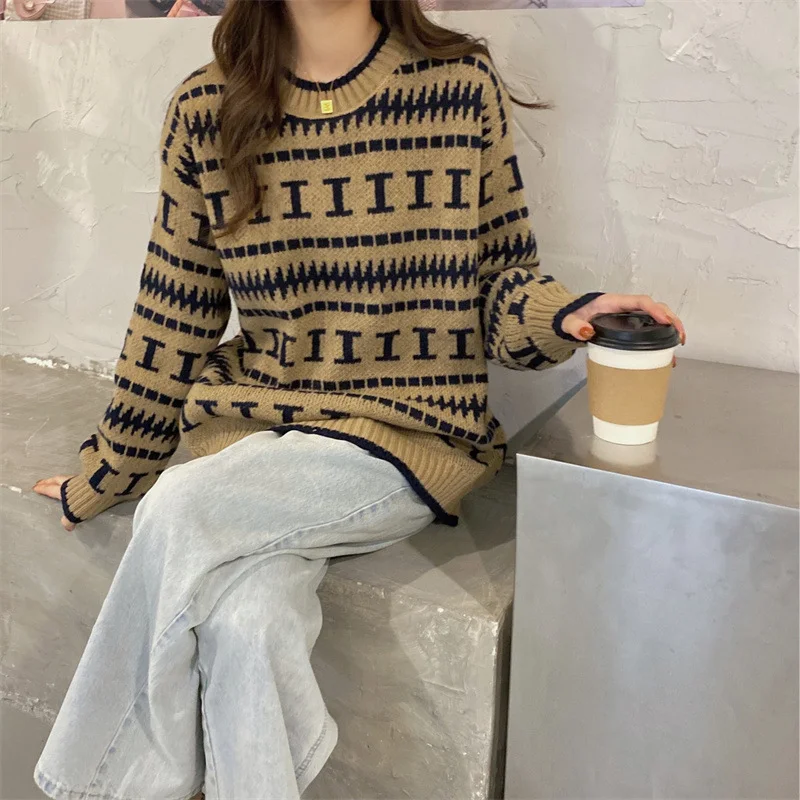 Toloer Toloer Autumn And Winter New Korean Personality Pullover Sweater Female Jacquard Loose Retro Wind Round Collar Long Sleeve Knit Female-Outfit Ideas