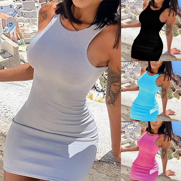 Women's Fashion Solid Color Mini Dress Slim Fit Sleeveless Bodycon Dress