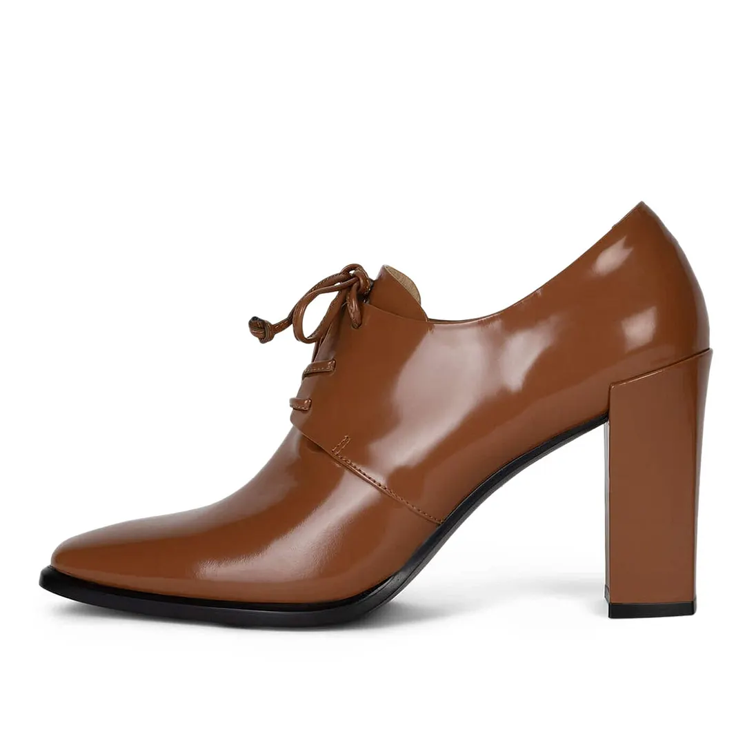Classic Brown Patent Leather Lace-Up Women's Oxfords with Square Toe