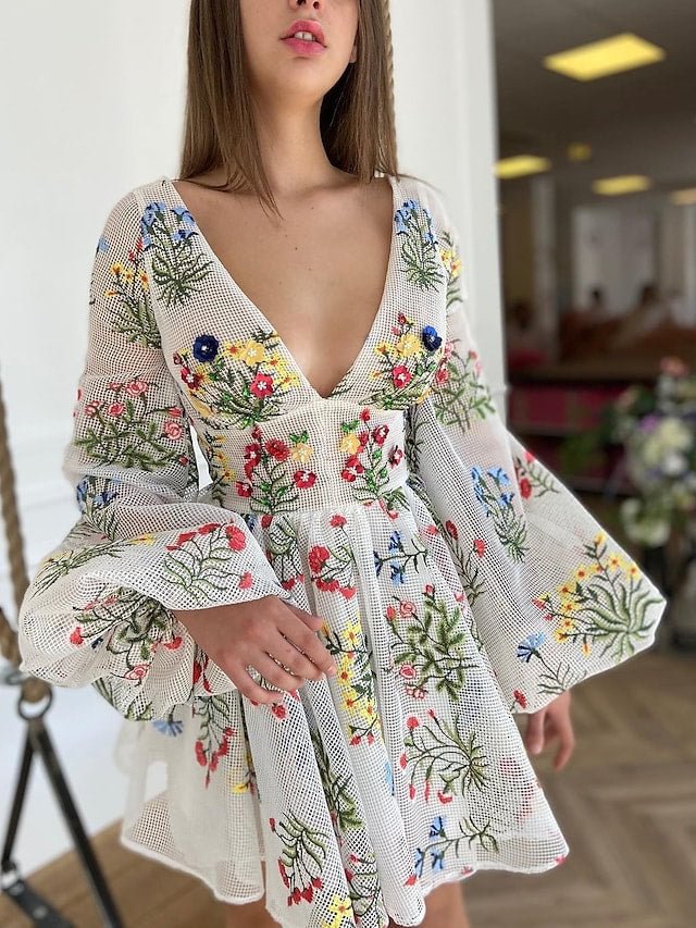 Women's A Line Dress Short Mini Dress White Long Sleeve Floral Embroidered Fall Spring V Neck Elegant Vintage Lantern Sleeve Mesh