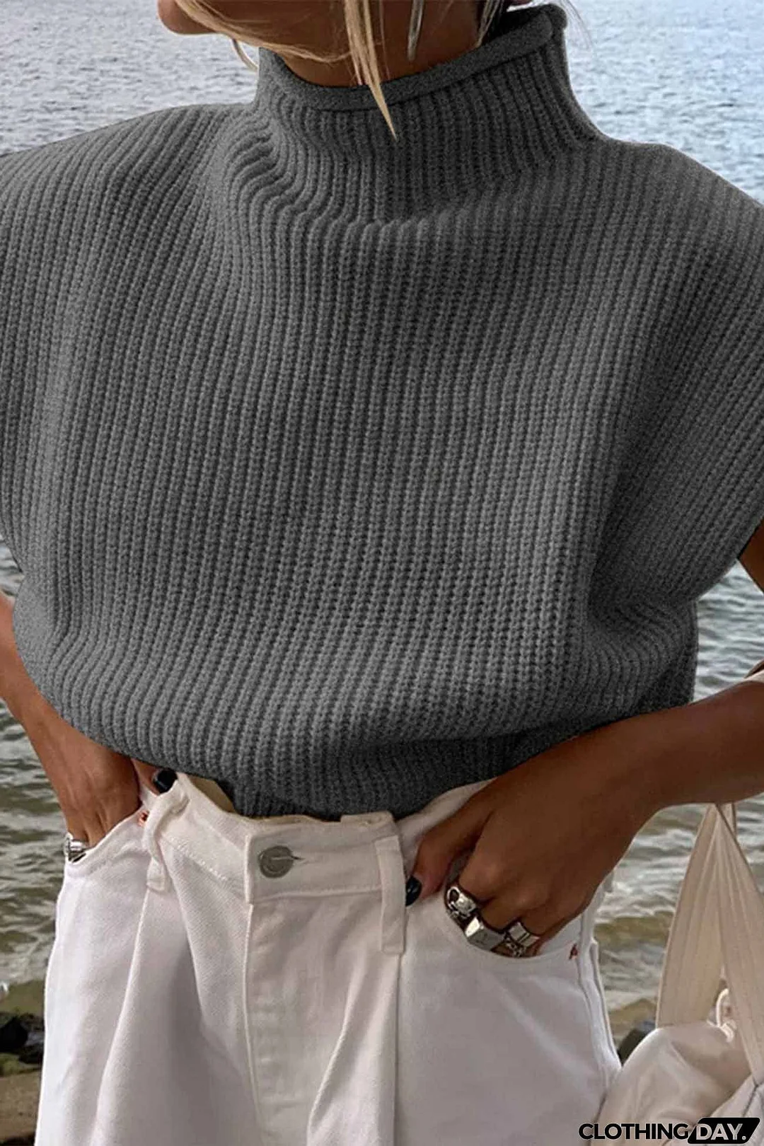 Solid Mock Neck Sleeveless Sweater