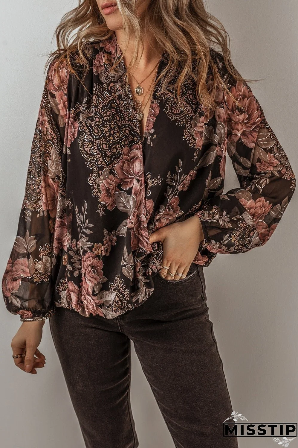 Printed Surplice Long Sleeve Blouse