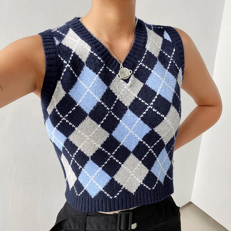 HEYounGIRL Brown Argyle Vintage Y2K Cropped Sweater Vest Autumn Sleeveless Knit Pullover Preppy Style Casual Plaid Knitwear 90s