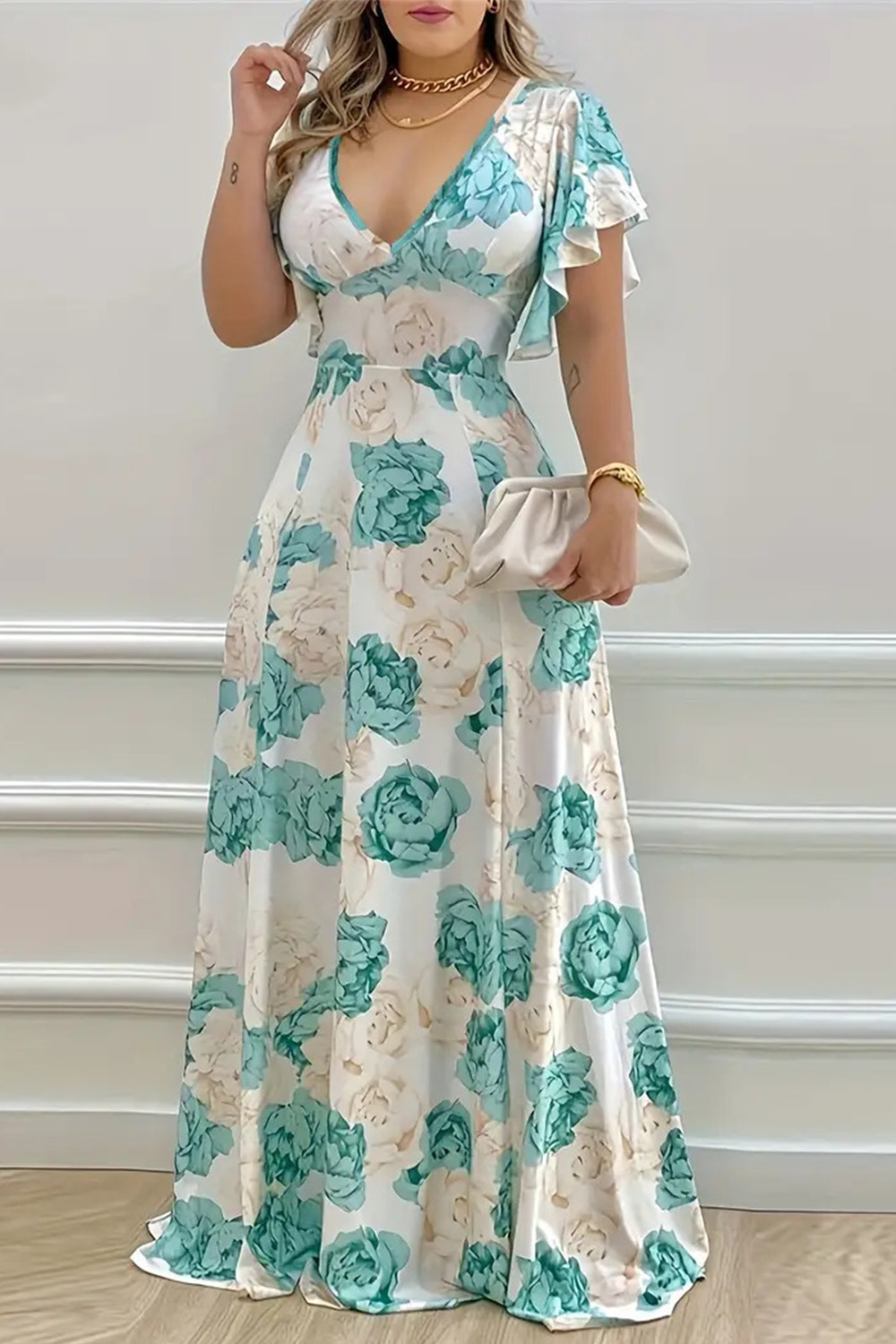 Plus Size Everyday Light Green Floral Print Flutter Sleeve Tunic Maxi Dress 2024 - Flycurvy 