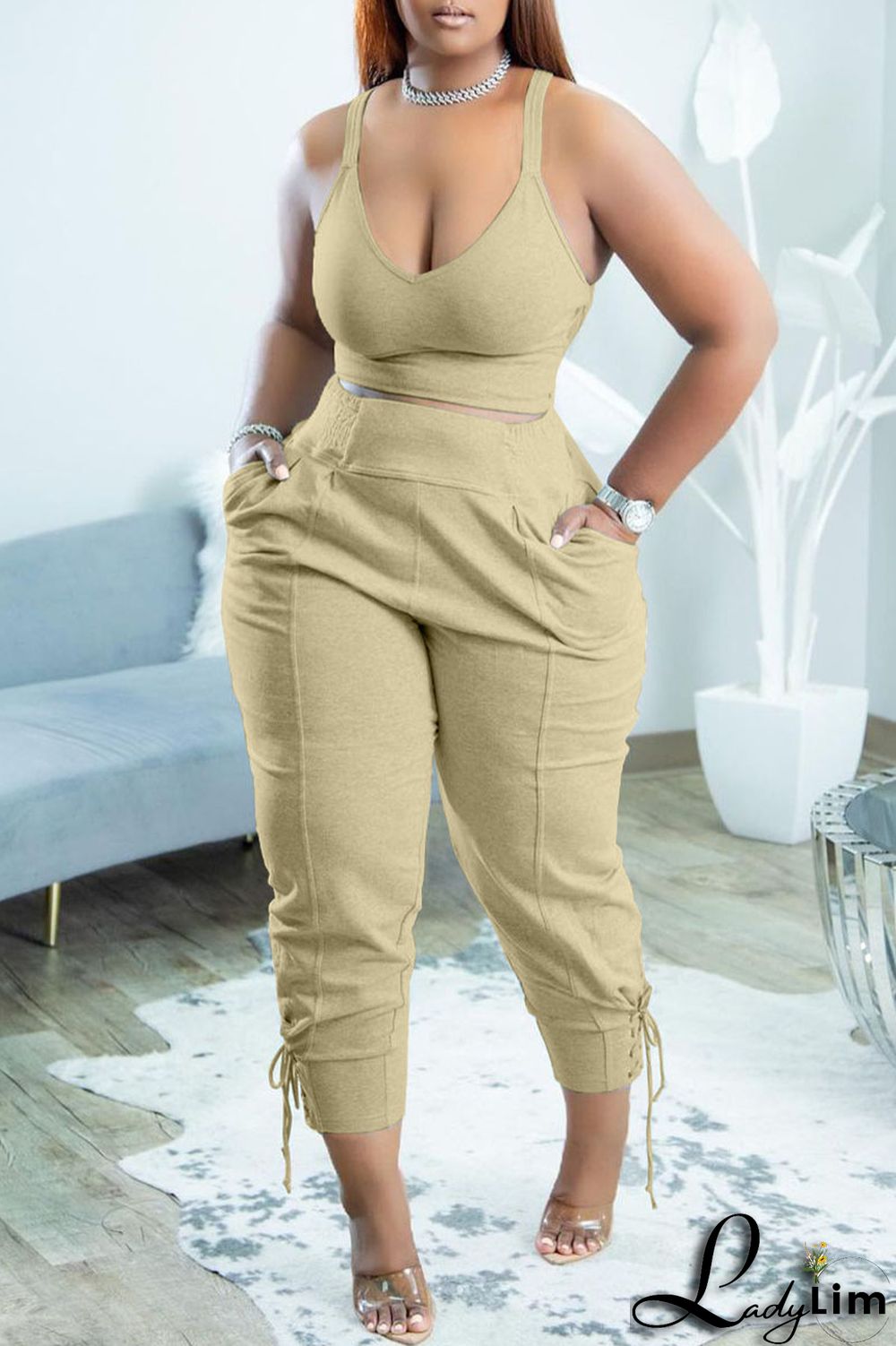 Yellow Casual Sportswear Simplicity Solid Bandage Vests Spaghetti Strap Sleeveless Two Pieces