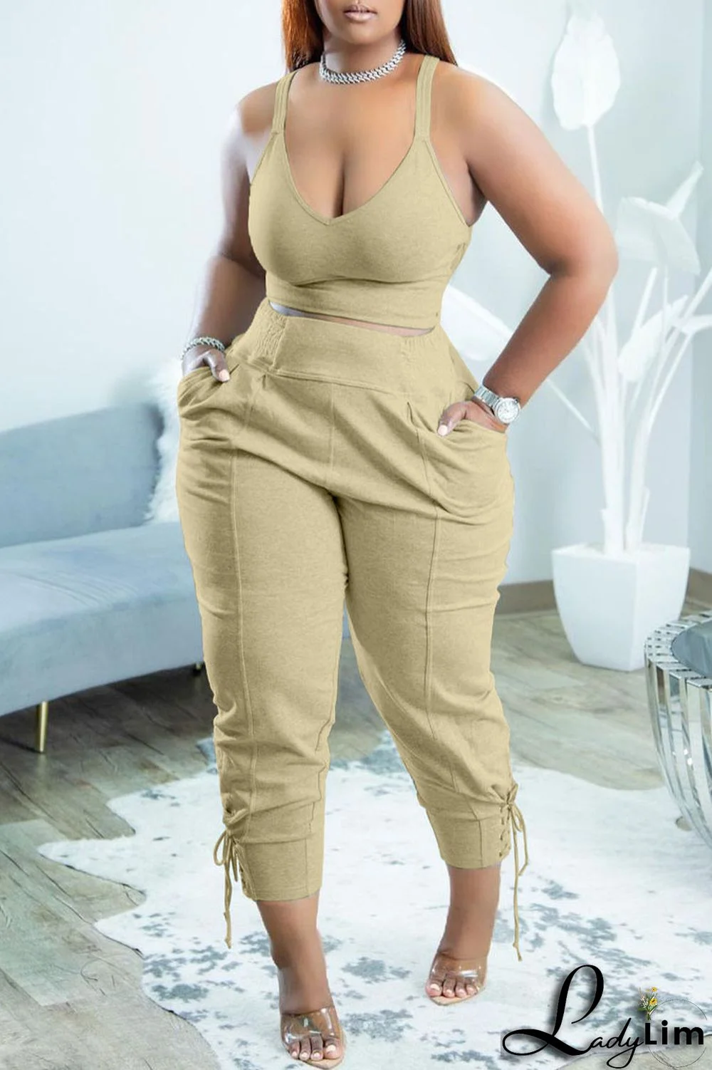 Yellow Casual Sportswear Simplicity Solid Bandage Vests Spaghetti Strap Sleeveless Two Pieces