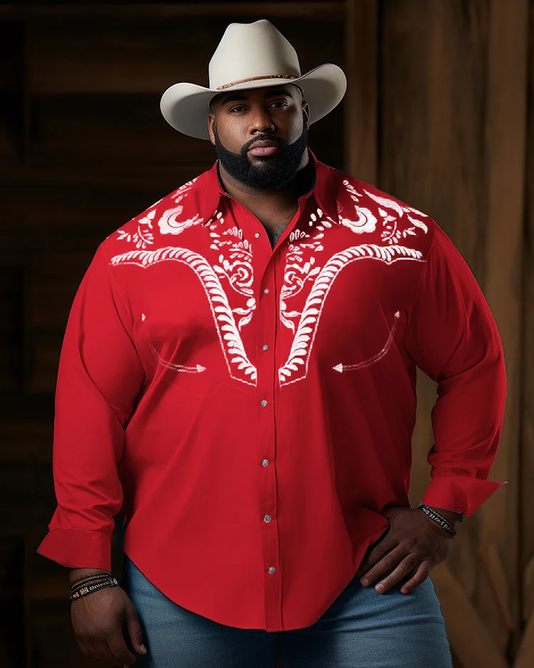 Men's Plus Size Western Denim Long Sleeve Pattern Lapel Red Long Sleeve Shirt