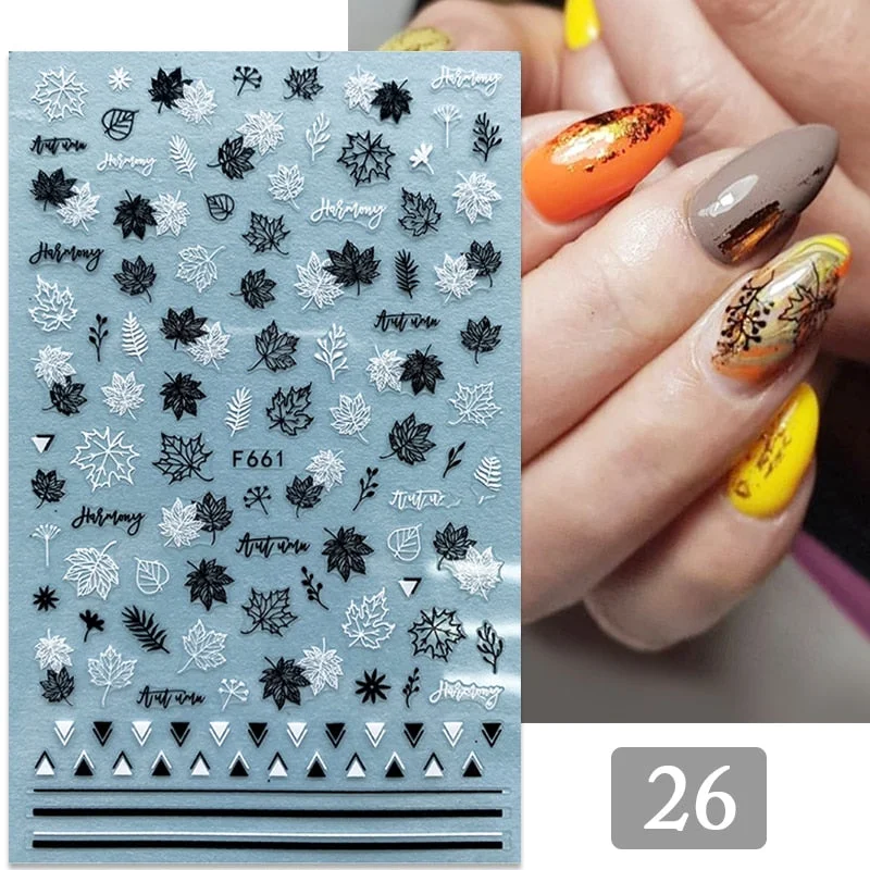 1PC Gold Black Bronzing Leaves Tree 3D Nail Sticker Iridescent Geometrics Lines Adhesive Transfer Sticker DIY Nail Decoration-Nail Inspo