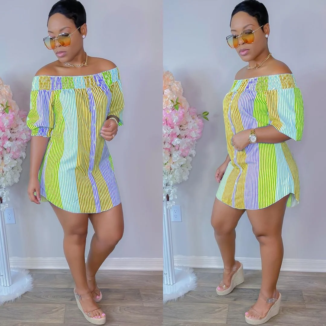 CM.YAYA Women Mini Dress Print Short Sleeve Off Shoulder Straight Loose Dresses Sexy Fashion Vestidos Outfit Summer 2021