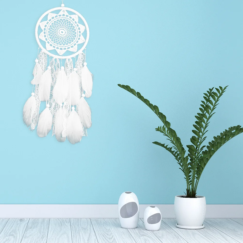 White Dream Catcher Wooden Beads Lace Pendant Feather Wind Chime (MS6060)