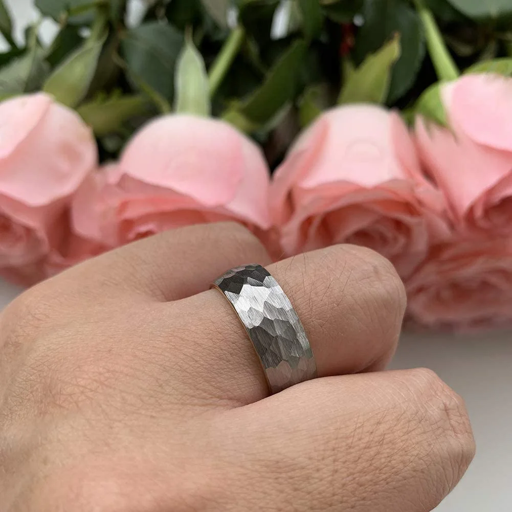 4MM 6MM 8MM Grey Gold Hammered Tungsten Domed Matte Finish Wedding Bands For Men Women
