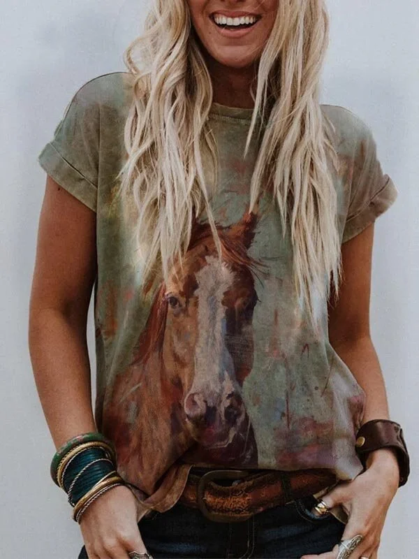 2022 Women's Africa Native Ethnic Horse Rustic Pattern Short Sleeve Crew Neck T-Shirts Top
