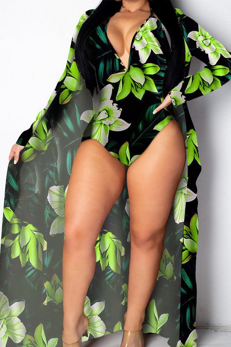 Plus Size Peplum Tropical Print Swimsuit Cover Up Set