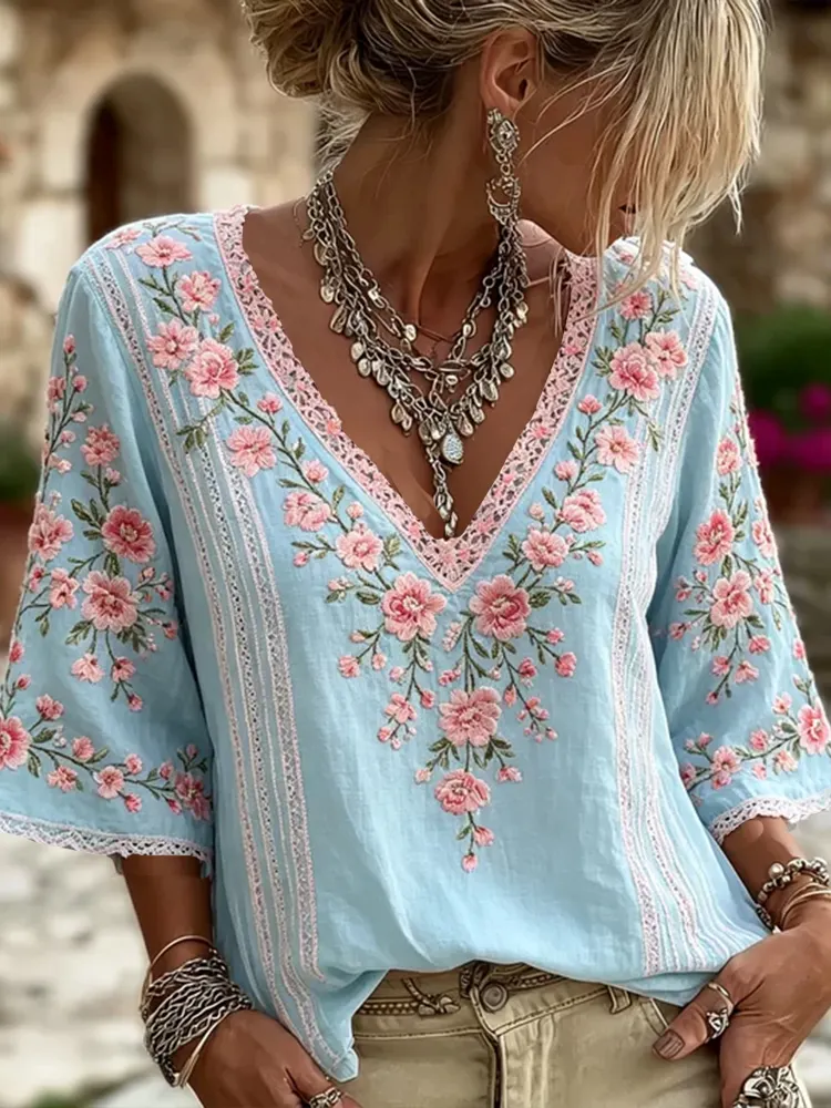 Women's Pink Floral And Lace Art Blended Cotton Linen Comfortable V-neck Short Sleeve Top