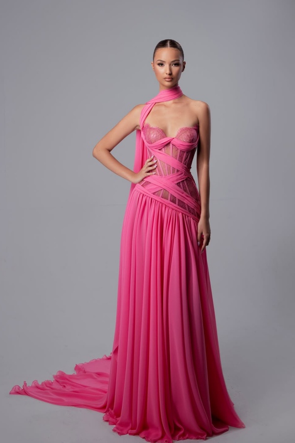 Lussooy Stunning Chiffon Sweetheart Fuchsia Sleeveless Lace Prom Dress with Scarf 