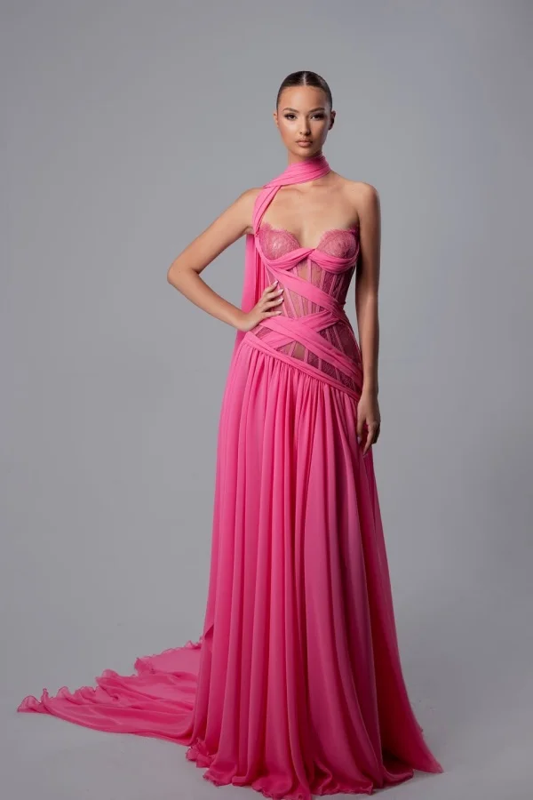 Miabel Stunning Fuchsia Chiffon Sleeveless Sweetheart Lace Prom Dress with Scarf   