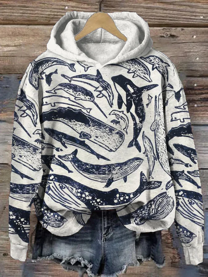 Women's Species Of Whales Japanese Lino Art Vintage Printed Hooded Sweatshirt