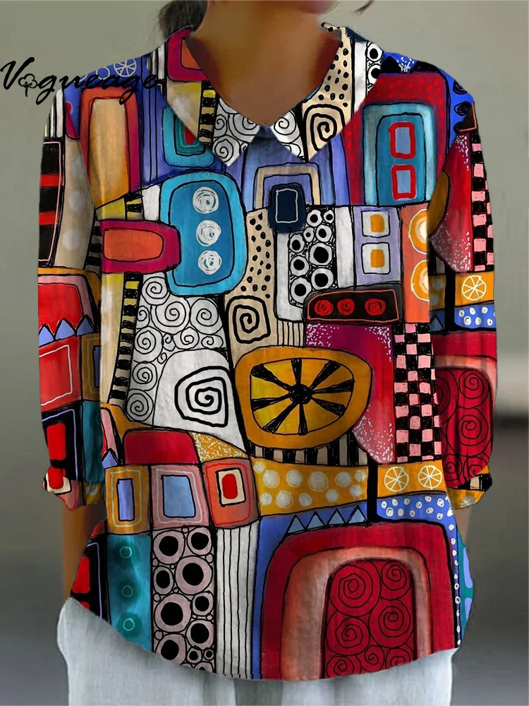 Bright And Stylish Artistic Creative Pattern Printed Cotton And Linen Women Shirt