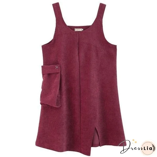 sleeveless plus size corduroy vintage women casual loose midi autumn spring elegant party dress clothes