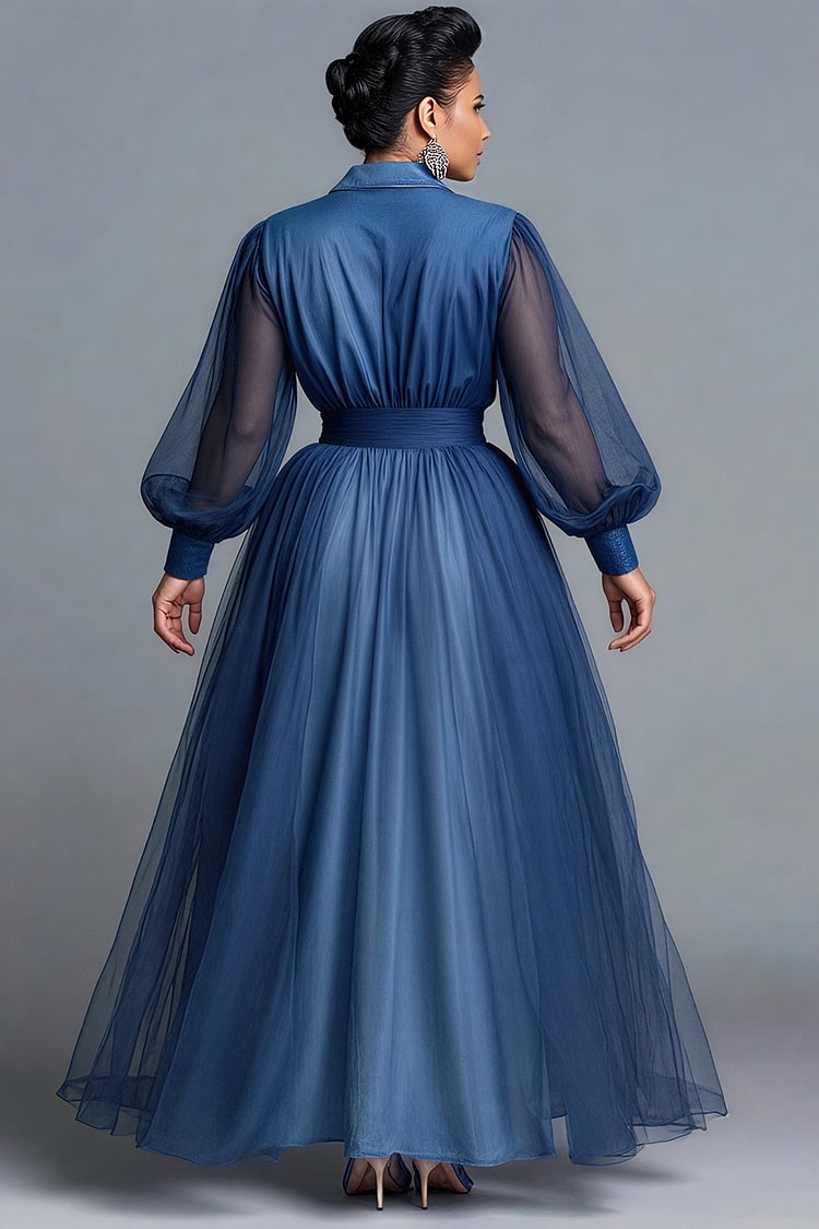Xpluswear Design Plus Size Business Casual Blue V Neck Lantern Sleeve Long Sleeve Split Casual Contrast Denim Maxi Dresses [Pre-Order]