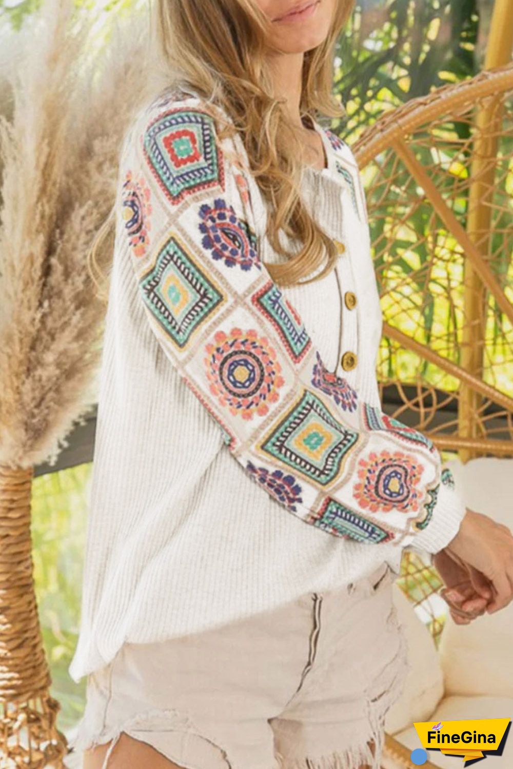 Multicolor Aztec Print Raglan Sleeve Henley Sweatshirt