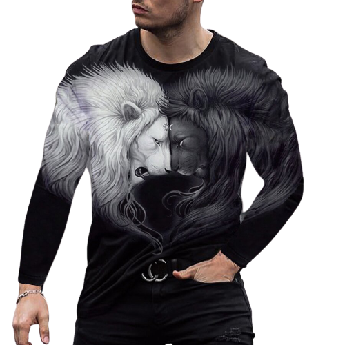 Black and white lion long-sleeved round neck T-shirt / [viawink] /