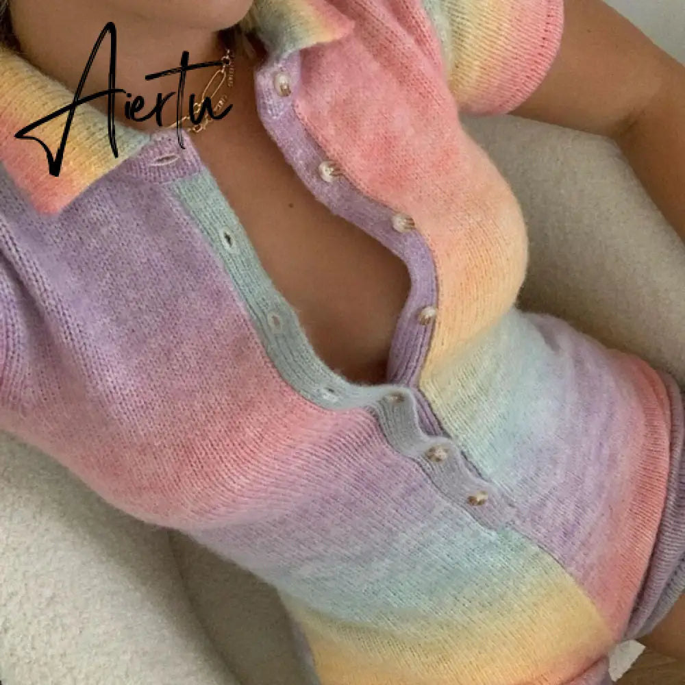 Women Skinny Playsuit Summer Knitted Short Sleeve Overalls Y2K Vintage Turn Down Collar Rompers Female Workout Streetwear Outfit Aiertu