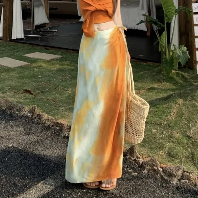 Crop Maxi Halter Skirt / Fit Dye Wrap Plain Mid Rise Slim Cami Tie Top Knot A-Line