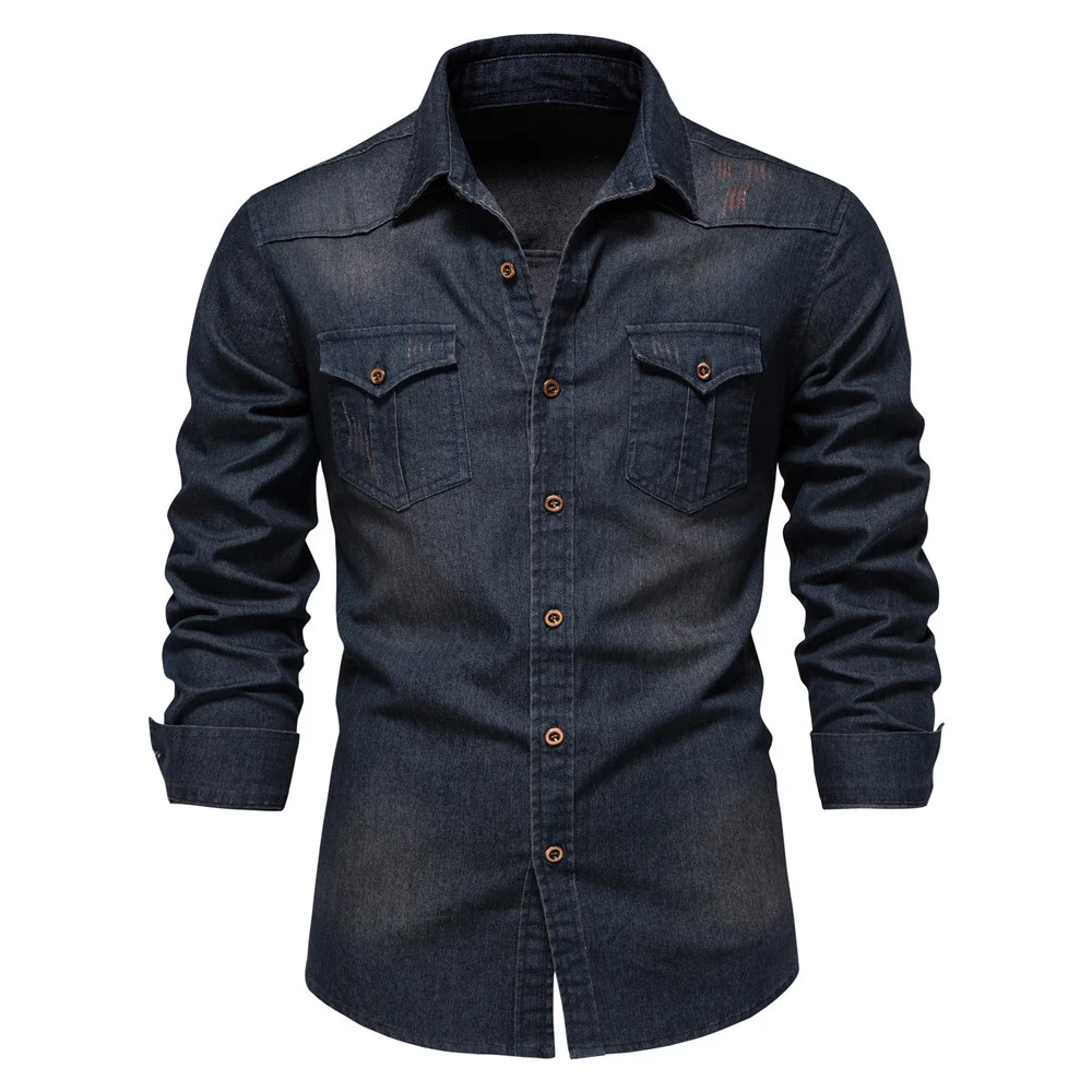 Men's Casual Solid Color Long-sleeved Denim Shirt