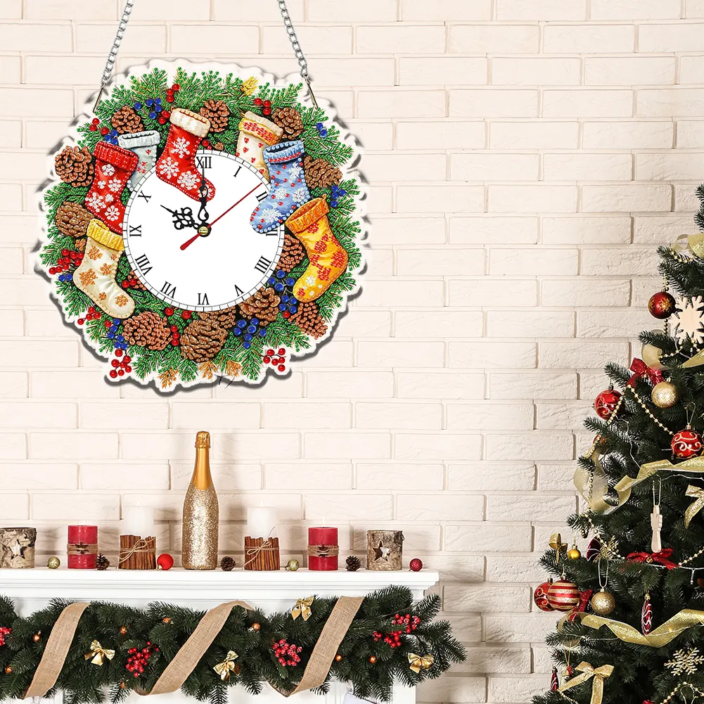 2D Flat DIY Fall Socks Acrylic Diamond Painting Clock Pendant Home Decoration