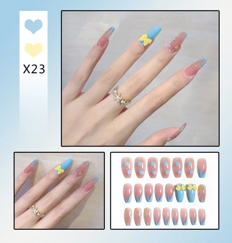 Aurora Transparent Fake Nails Tips for Finger Wear Crystal Ice Clear Butterfly Press on Nails Long Bow Ballet Diamond False Nail-Nail Inspo