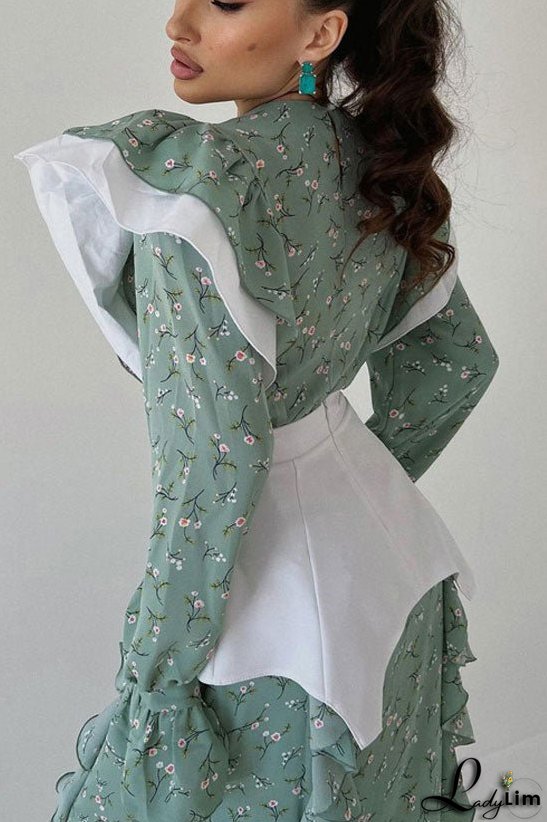 Pretty Crew Neck Ruffle Long Sleeve Belted Floral Printed Midi Dress - Green