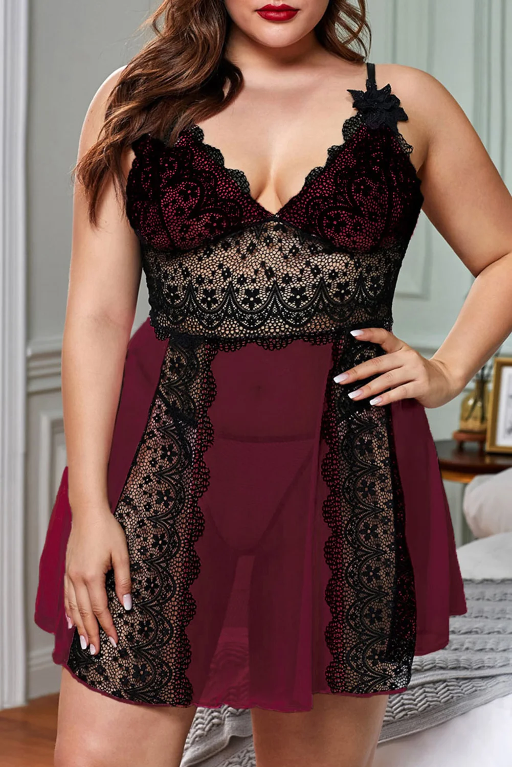 Red Color Block Hollow-out Lace Gauze Patchwork Plus Size Babydoll | IFYHOME