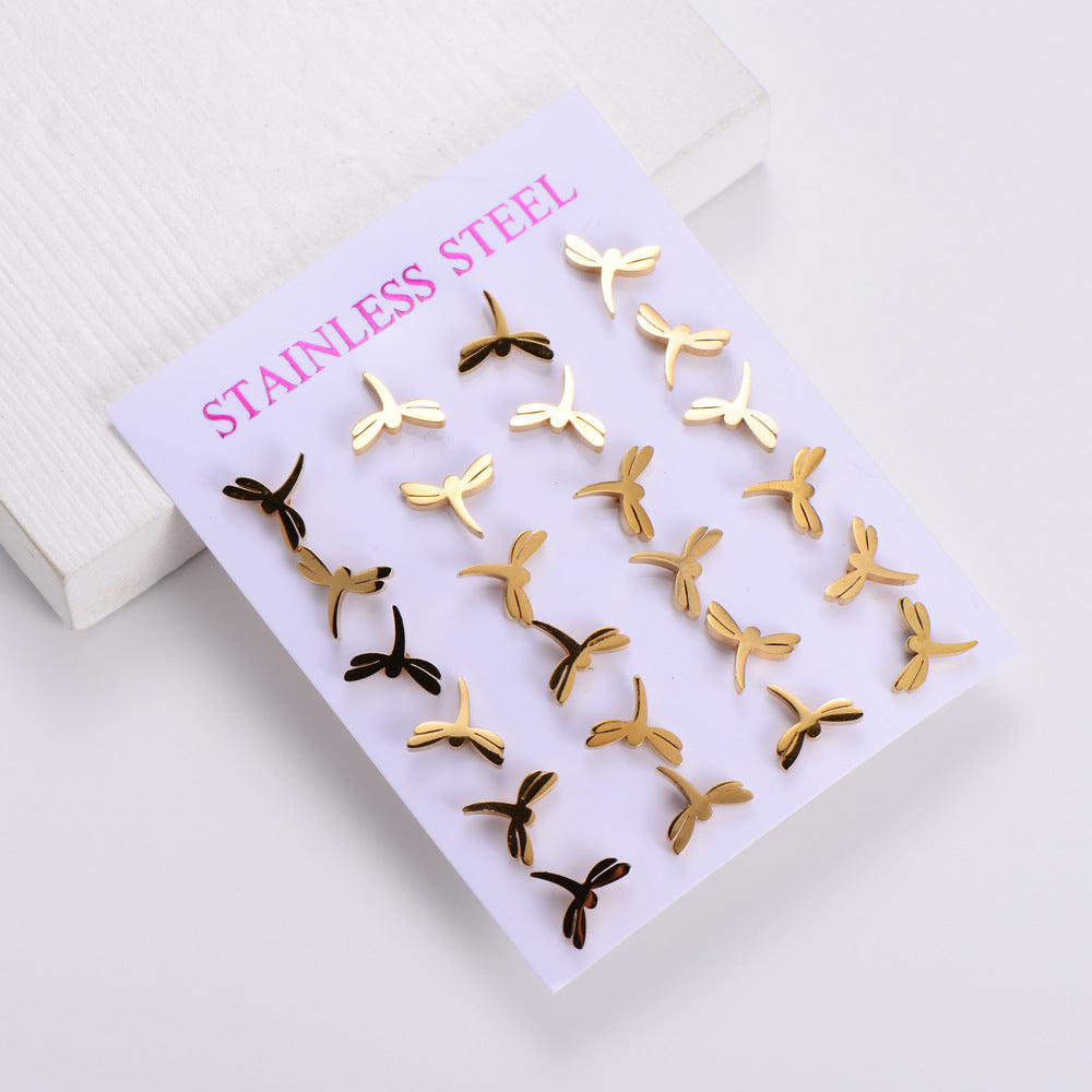 Women Minimalist Geometric Metal Butterfly Chinese Zodiac Animal Stainless Steel Stud Earrings