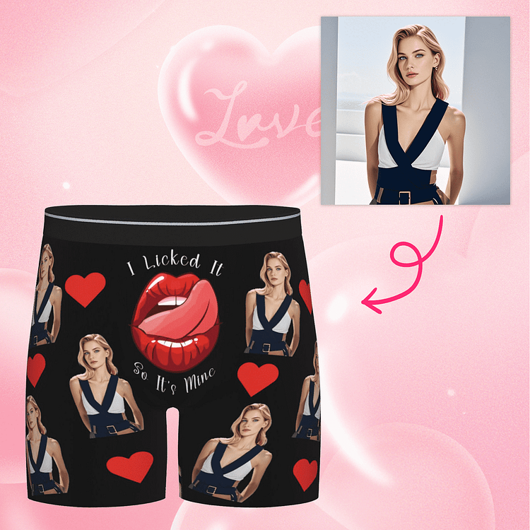 【Byxhuc】Customize Boxers for Men, I Licked It So It's Mine Boxers Custom, Long Heart Personalized Photo Gifts for Boyfriend Him on Birthday Anniversary