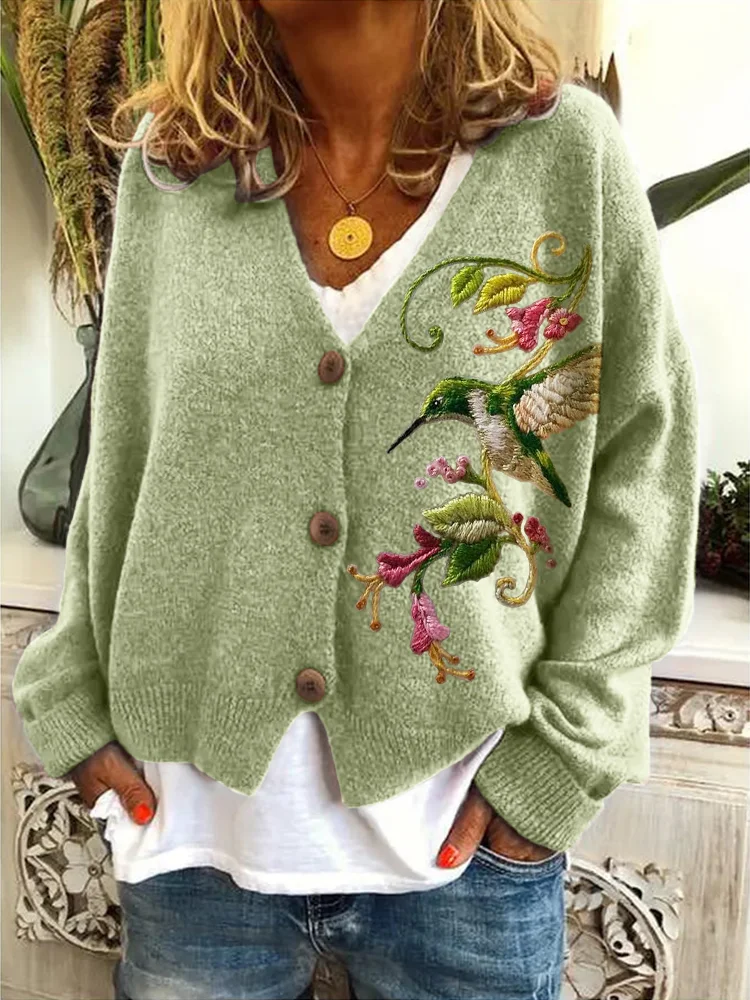 Comstylish Hummingbird Floral Embroidery Cozy Knit Cardigan
