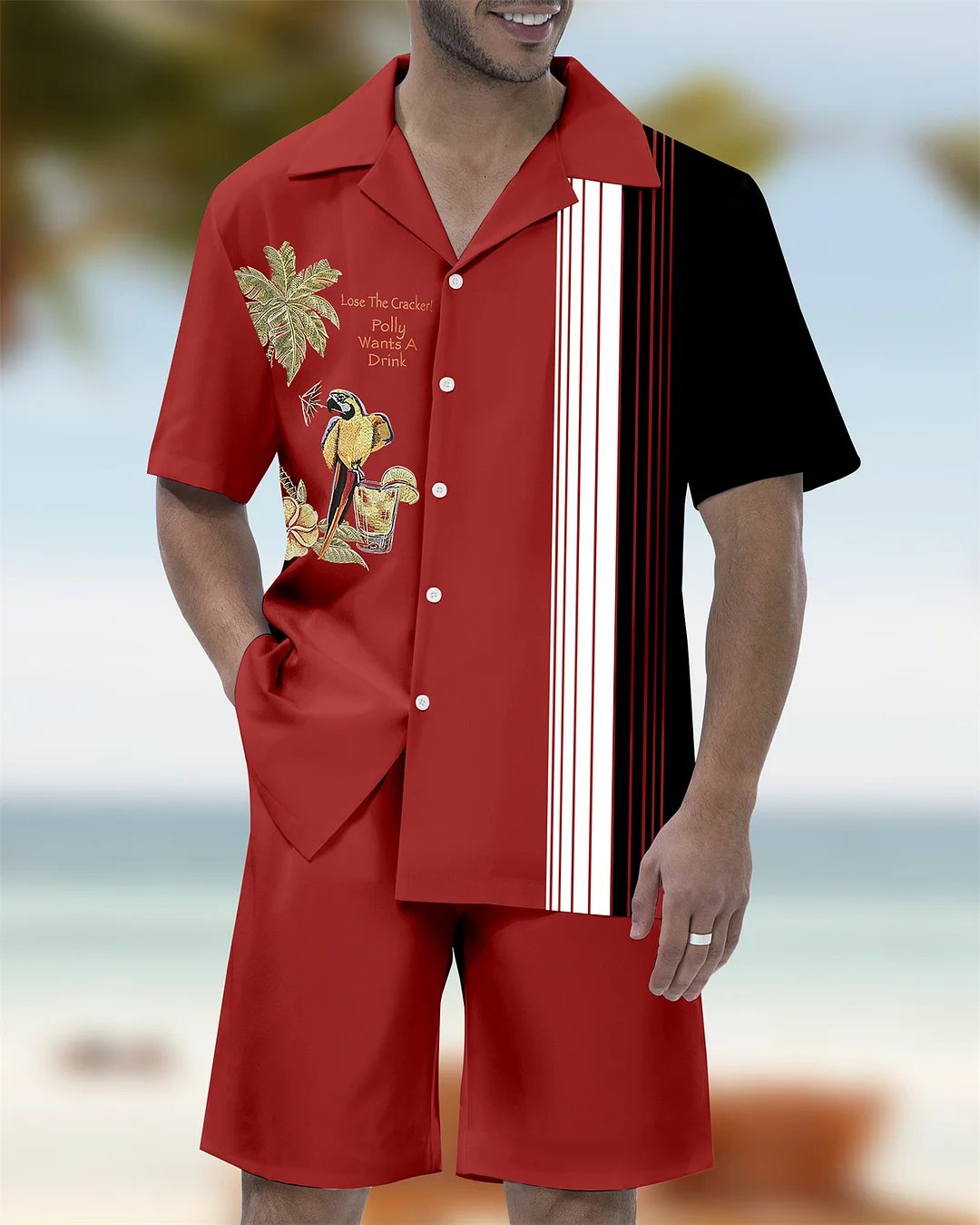 Men's Parrot Head Party Hawaiian Cuban Collar Short Sleeve Shirt Set