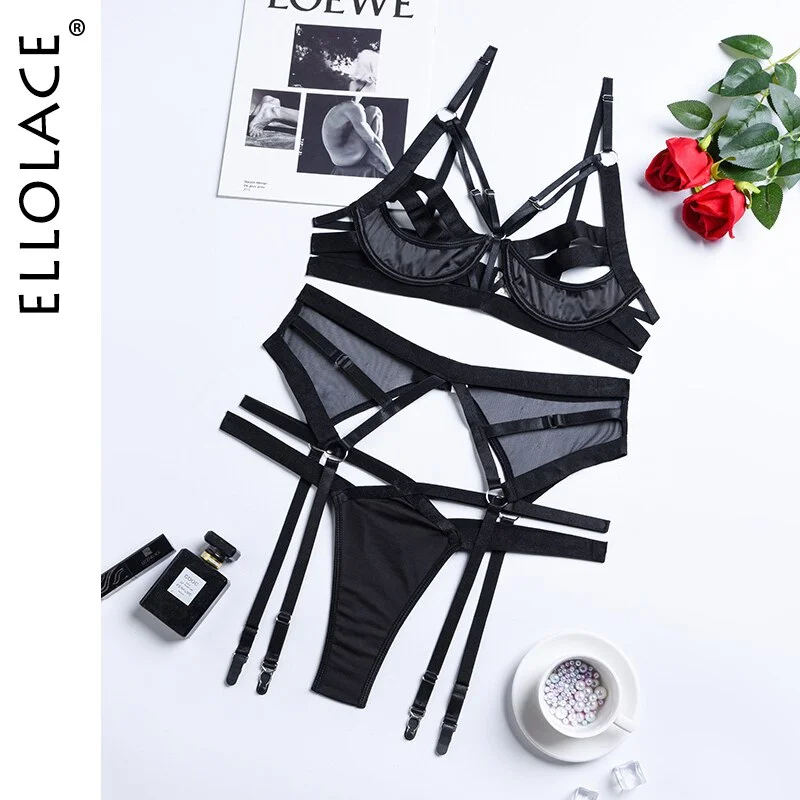 Billionm Ellolace Lingerie Sensual Women's Underwear Hollow Out Bra And Panty Set 3-Pieces Erotic Garters Sex Fancy Exotic Sets