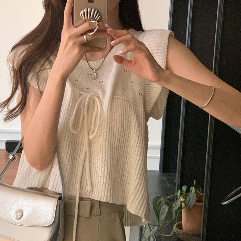 Ele ort Svel round Ne Hollow out Tied Knitted Top Faionable Sweet Sle Korean Commute Design Women's Tee