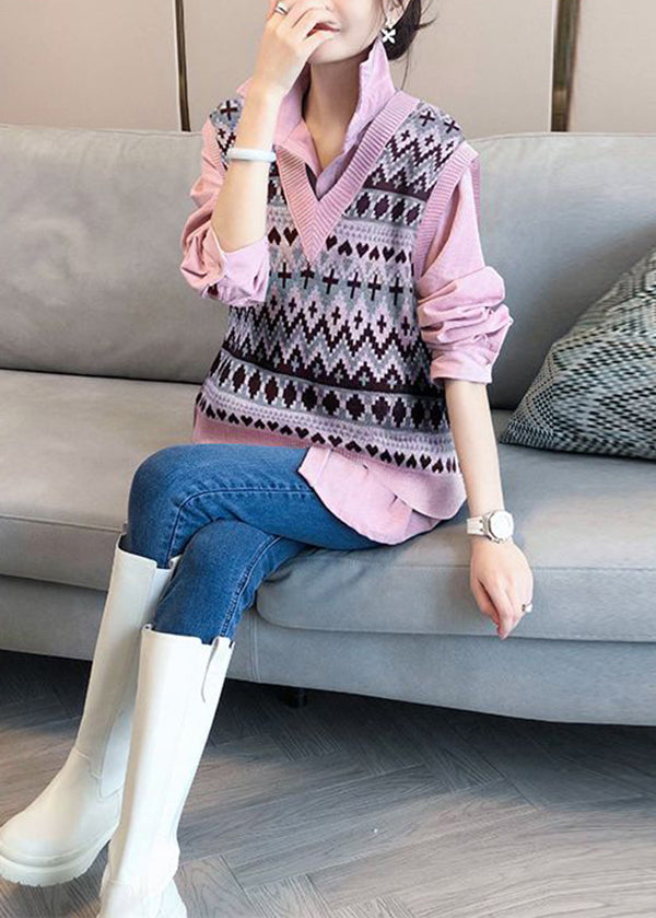 VCSHOES Pink Peter Pan Collar Shirts And Vest Knit Two Piece Suit Set Fall