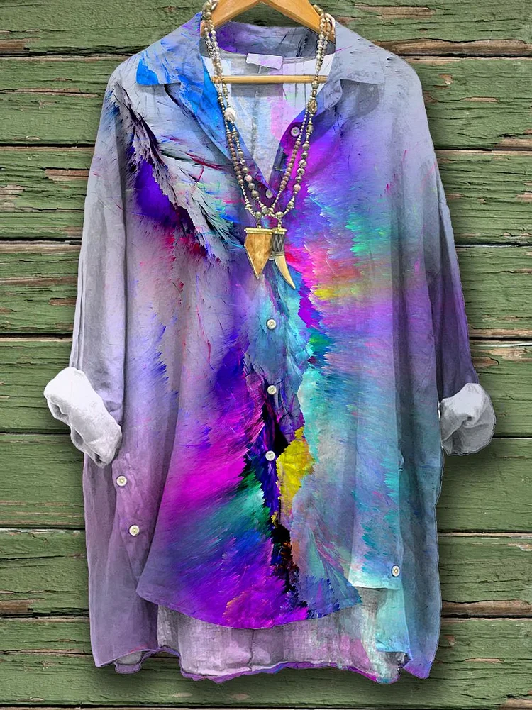 Women's Color Print Casual Cotton And Linen Shirt