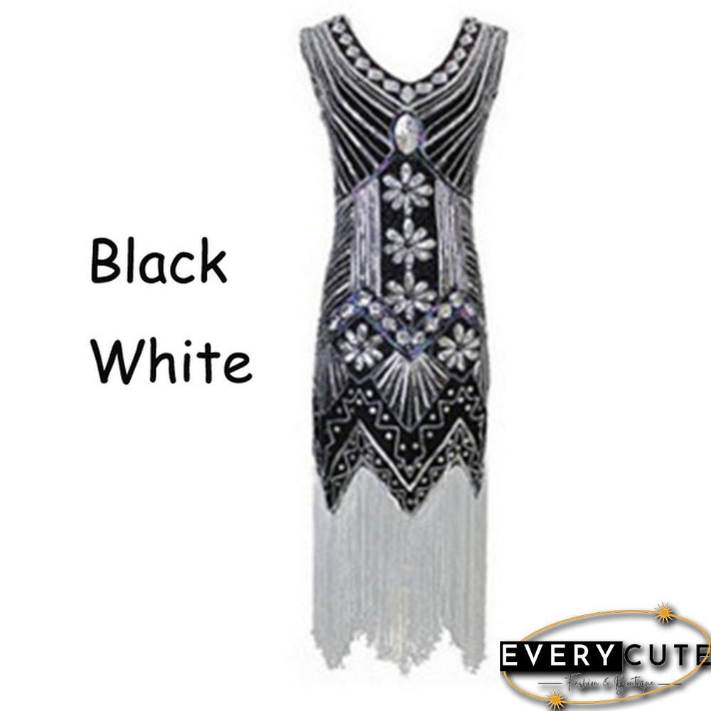 Vintage Dress Great Gatsby Dress 1920S Sequin Flapper Evening Dress Prom Tassel Hem Dress
