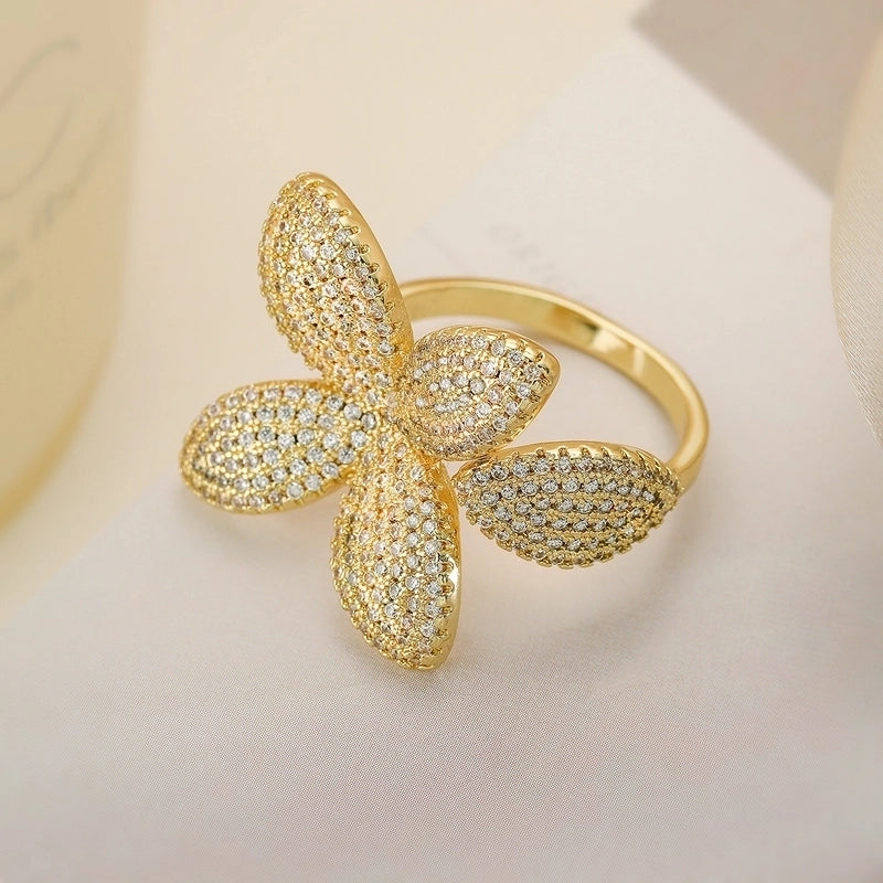 Copper Inlay Floral Zircon Open Rings